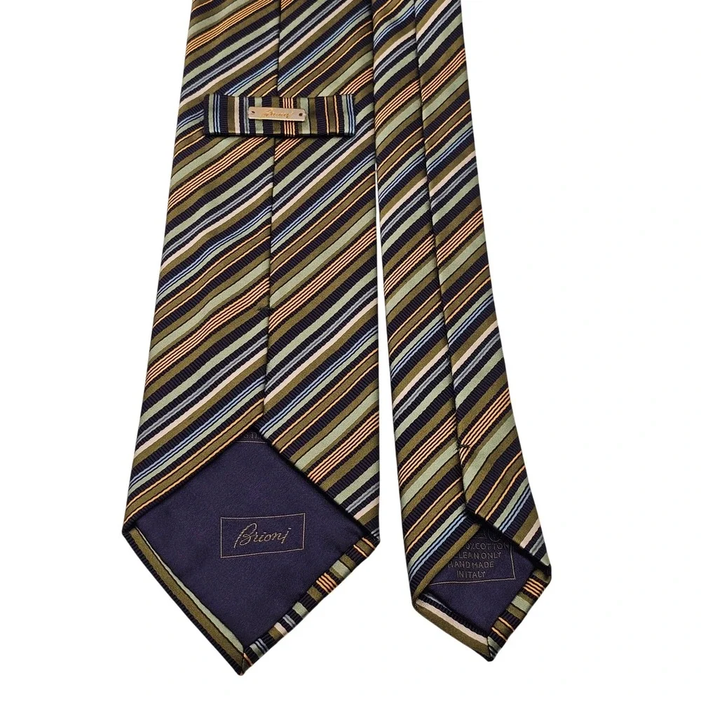 Brioni Silk Cotton‎ Tie Green Navy Striped Handmade Italy Designer Luxury Formal
